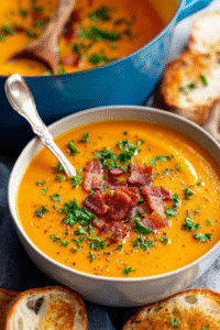 Creamy carrot soup recipe in a white bowl topped with bacon and parsley, served with bread and shown again simmering in a pot.